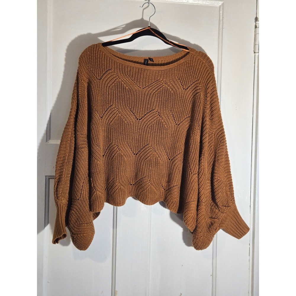 Moon & Madison Brown Chevron Pointelle‎ Knit Oversized Dolman Sweater Womens XS